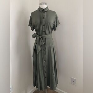 H&M Olive Green Midi Dress Short Sleeves Button Front